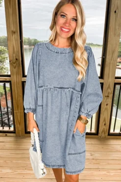 Fashion Dear-Lover Light Wash High Waist Loose Fit Denim Mini Dress Beau Blue