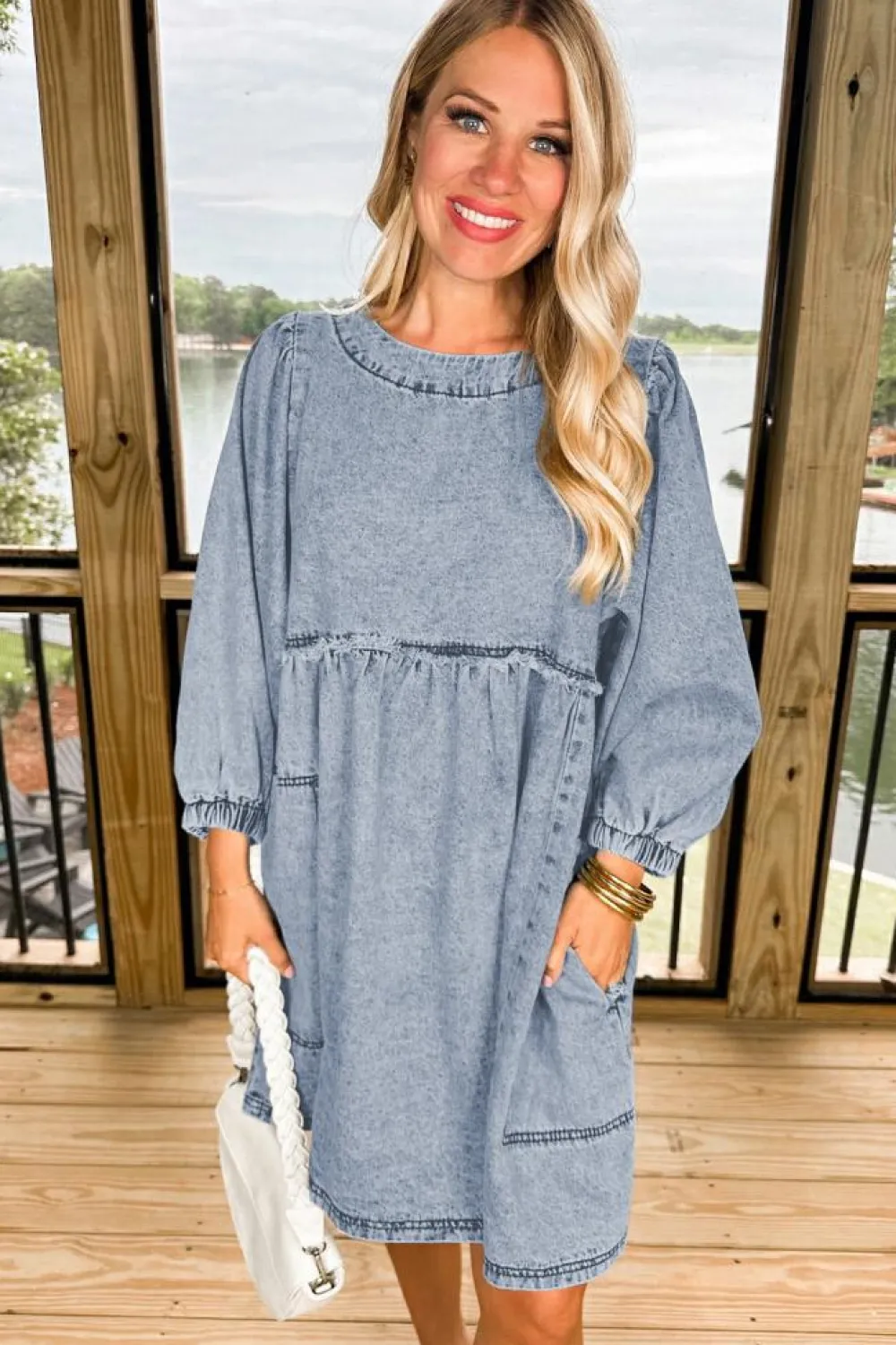 Fashion Dear-Lover Light Wash High Waist Loose Fit Denim Mini Dress Beau Blue