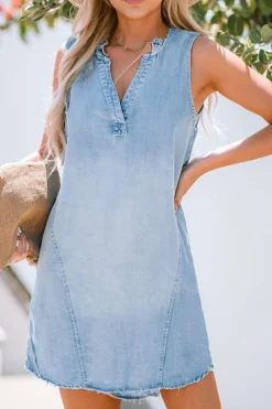 Hot Dear-Lover Light Wash Split Neck Sleeveless Chambray Dress Beau Blue