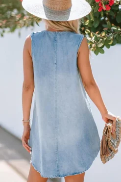 Hot Dear-Lover Light Wash Split Neck Sleeveless Chambray Dress Beau Blue