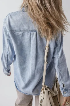 Hot Dear-Lover Long Sleeve Buttoned Chest Pocket Denim Shacket Beau Blue