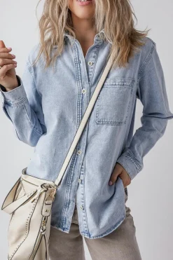 Hot Dear-Lover Long Sleeve Buttoned Chest Pocket Denim Shacket Beau Blue