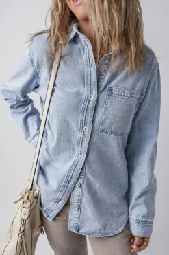 Hot Dear-Lover Long Sleeve Buttoned Chest Pocket Denim Shacket Beau Blue