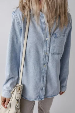 Hot Dear-Lover Long Sleeve Buttoned Chest Pocket Denim Shacket Beau Blue