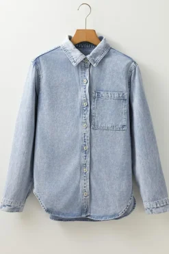 Hot Dear-Lover Long Sleeve Buttoned Chest Pocket Denim Shacket Beau Blue