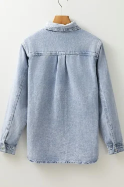 Hot Dear-Lover Long Sleeve Buttoned Chest Pocket Denim Shacket Beau Blue