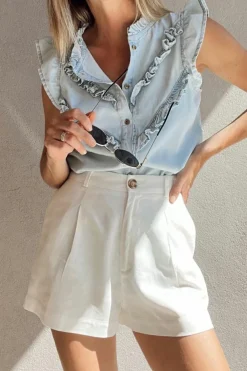 Clearance Dear-Lover Mineral Wash Cap Sleeve Frilled Button Up Denim Shirt Beau Blue