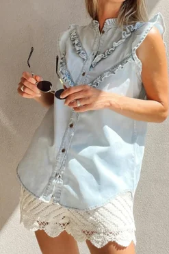 Clearance Dear-Lover Mineral Wash Cap Sleeve Frilled Button Up Denim Shirt Beau Blue