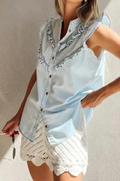 Clearance Dear-Lover Mineral Wash Cap Sleeve Frilled Button Up Denim Shirt Beau Blue