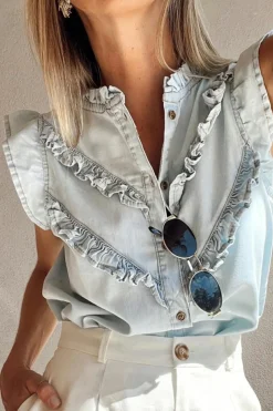 Clearance Dear-Lover Mineral Wash Cap Sleeve Frilled Button Up Denim Shirt Beau Blue