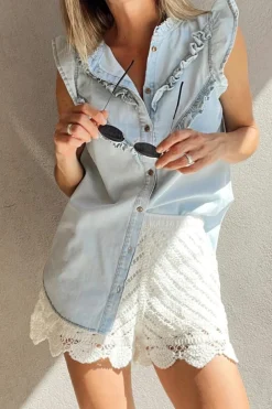 Clearance Dear-Lover Mineral Wash Cap Sleeve Frilled Button Up Denim Shirt Beau Blue