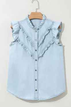 Clearance Dear-Lover Mineral Wash Cap Sleeve Frilled Button Up Denim Shirt Beau Blue