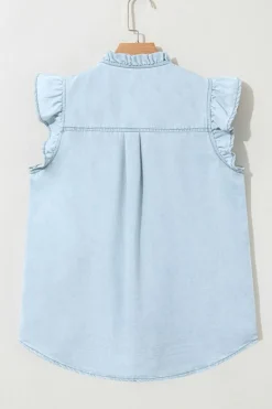 Clearance Dear-Lover Mineral Wash Cap Sleeve Frilled Button Up Denim Shirt Beau Blue