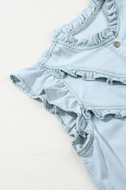 Clearance Dear-Lover Mineral Wash Cap Sleeve Frilled Button Up Denim Shirt Beau Blue