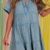 Fashion Dear-Lover Mineral Wash Crinkle Split Neck Raw Hem Tiered Dress Beau Blue