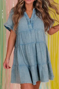 Fashion Dear-Lover Mineral Wash Crinkle Split Neck Raw Hem Tiered Dress Beau Blue
