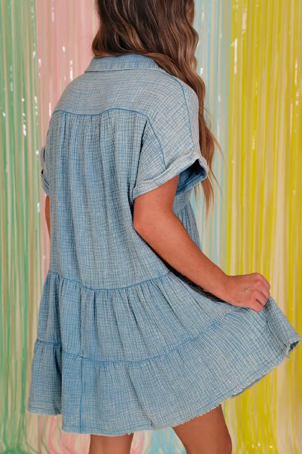 Fashion Dear-Lover Mineral Wash Crinkle Split Neck Raw Hem Tiered Dress Beau Blue