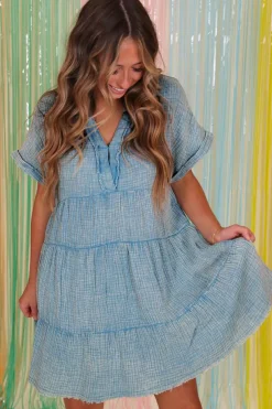 Fashion Dear-Lover Mineral Wash Crinkle Split Neck Raw Hem Tiered Dress Beau Blue