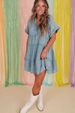 Fashion Dear-Lover Mineral Wash Crinkle Split Neck Raw Hem Tiered Dress Beau Blue
