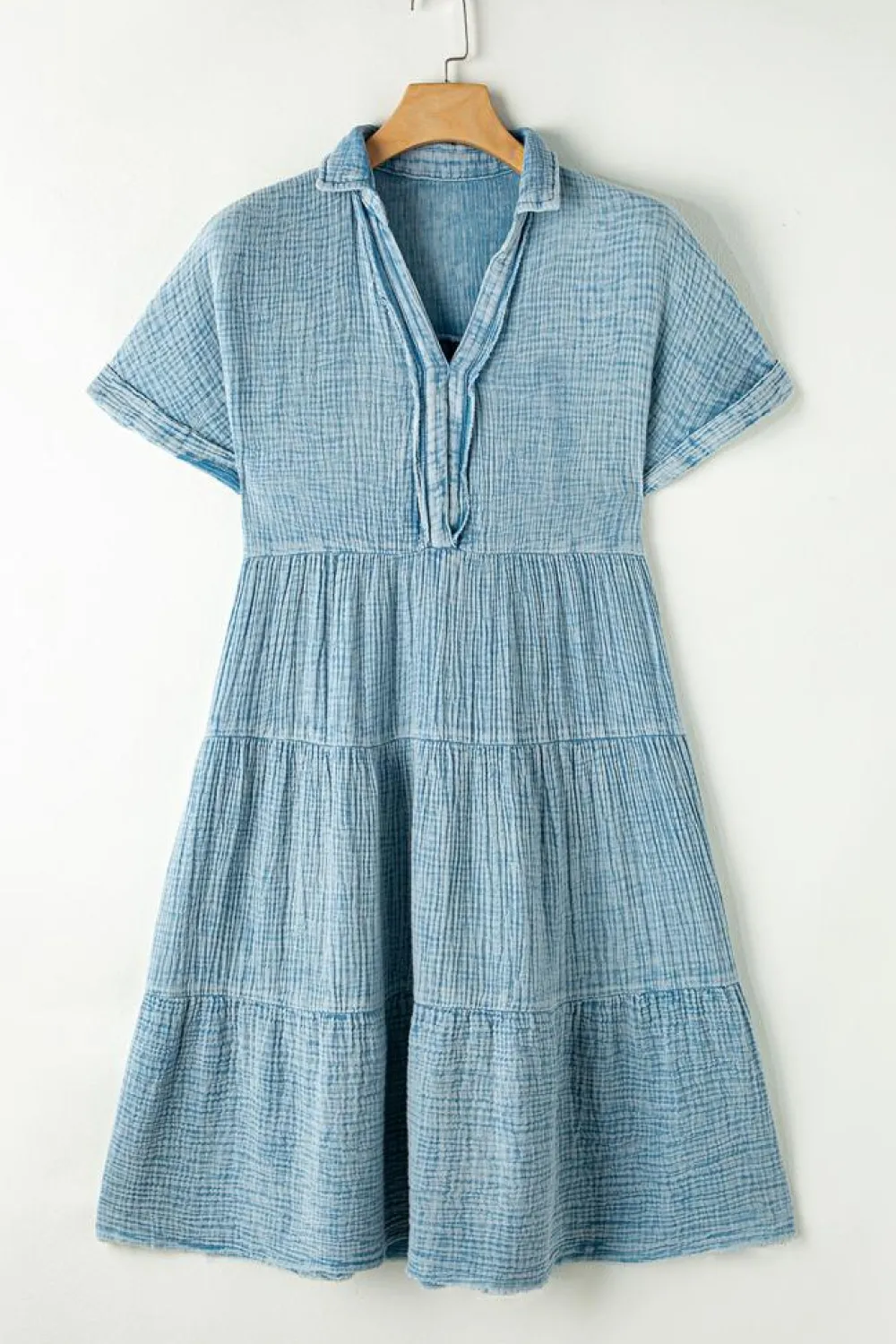 Fashion Dear-Lover Mineral Wash Crinkle Split Neck Raw Hem Tiered Dress Beau Blue