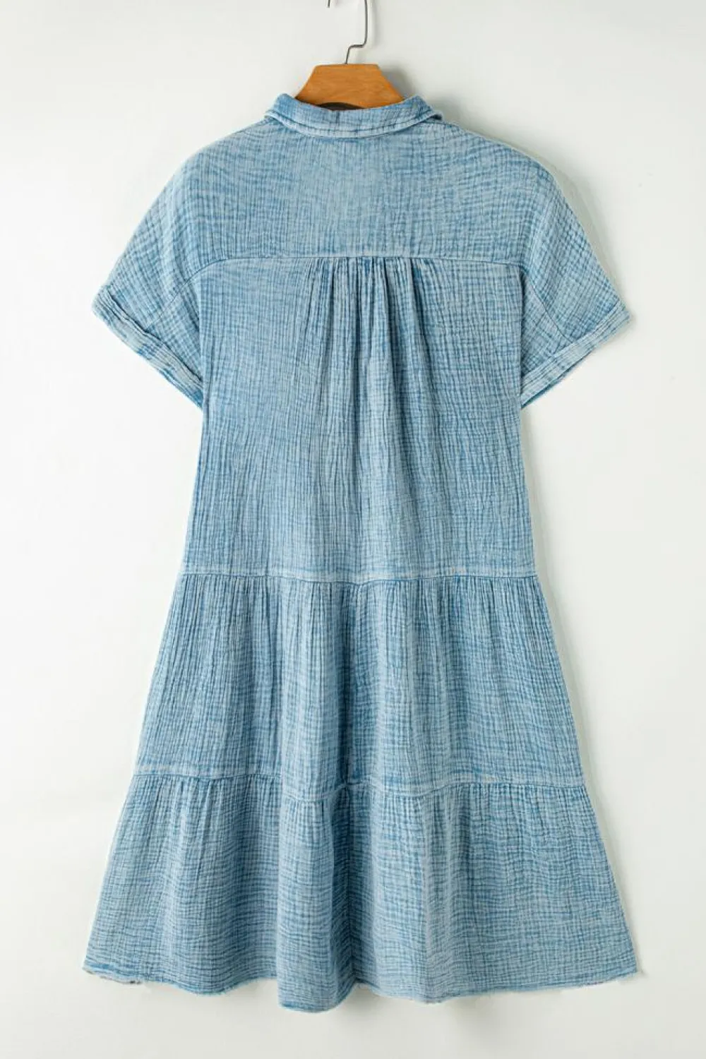 Fashion Dear-Lover Mineral Wash Crinkle Split Neck Raw Hem Tiered Dress Beau Blue