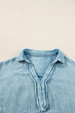Fashion Dear-Lover Mineral Wash Crinkle Split Neck Raw Hem Tiered Dress Beau Blue