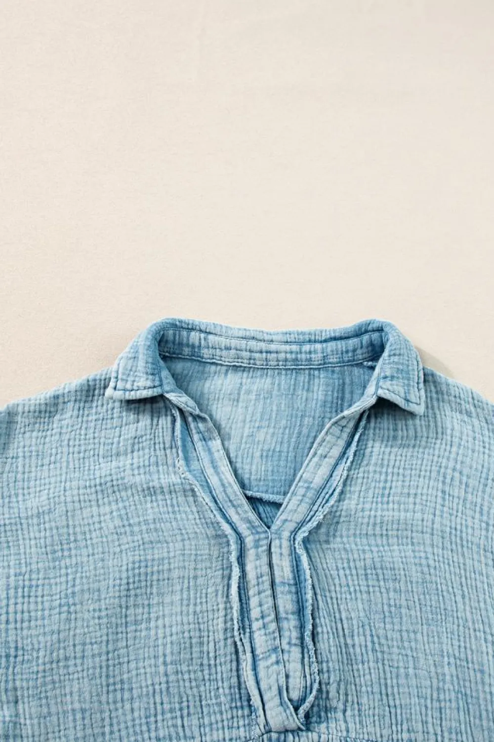 Fashion Dear-Lover Mineral Wash Crinkle Split Neck Raw Hem Tiered Dress Beau Blue