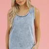 Discount Dear-Lover Mineral Wash Denim Frayed U Neck Sleeveless Top Beau Blue