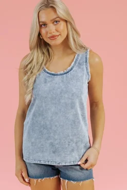 Discount Dear-Lover Mineral Wash Denim Frayed U Neck Sleeveless Top Beau Blue