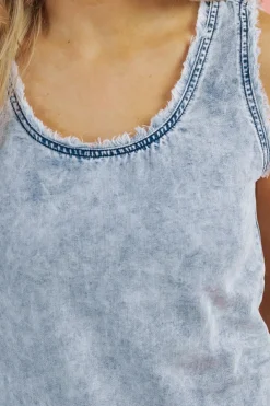 Discount Dear-Lover Mineral Wash Denim Frayed U Neck Sleeveless Top Beau Blue