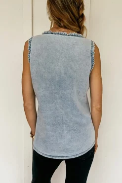 Discount Dear-Lover Mineral Wash Denim Frayed U Neck Sleeveless Top Beau Blue