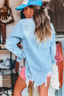 Hot Dear-Lover Mineral Wash Distressed Frayed Long Denim Jacket Beau Blue