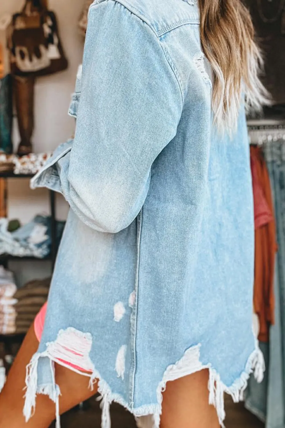 Hot Dear-Lover Mineral Wash Distressed Frayed Long Denim Jacket Beau Blue