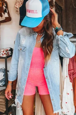 Hot Dear-Lover Mineral Wash Distressed Frayed Long Denim Jacket Beau Blue
