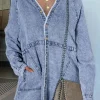 Discount Dear-Lover Mineral Wash Long Sleeve Button Up Raw Hem Pocketed Denim Dress Beau Blue
