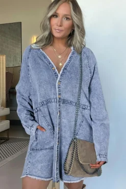 Discount Dear-Lover Mineral Wash Long Sleeve Button Up Raw Hem Pocketed Denim Dress Beau Blue
