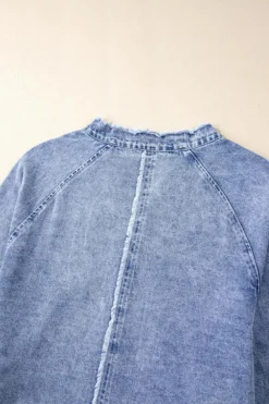 Discount Dear-Lover Mineral Wash Long Sleeve Button Up Raw Hem Pocketed Denim Dress Beau Blue
