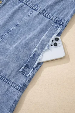 Discount Dear-Lover Mineral Wash Long Sleeve Button Up Raw Hem Pocketed Denim Dress Beau Blue