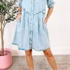 Outlet Dear-Lover Mineral Wash Ruffled Short Sleeve Buttoned Denim Dress Beau Blue