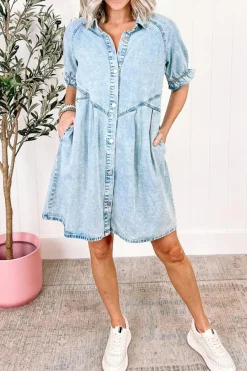 Outlet Dear-Lover Mineral Wash Ruffled Short Sleeve Buttoned Denim Dress Beau Blue