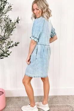 Outlet Dear-Lover Mineral Wash Ruffled Short Sleeve Buttoned Denim Dress Beau Blue