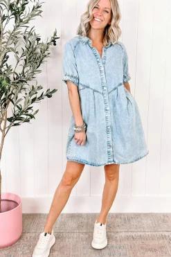 Outlet Dear-Lover Mineral Wash Ruffled Short Sleeve Buttoned Denim Dress Beau Blue
