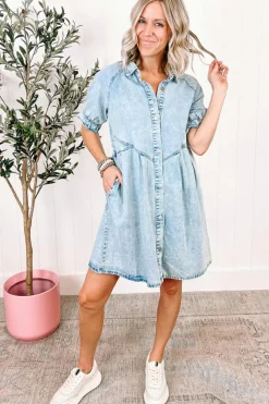 Outlet Dear-Lover Mineral Wash Ruffled Short Sleeve Buttoned Denim Dress Beau Blue