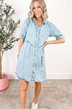 Outlet Dear-Lover Mineral Wash Ruffled Short Sleeve Buttoned Denim Dress Beau Blue