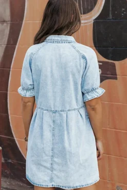 Outlet Dear-Lover Mineral Wash Ruffled Short Sleeve Buttoned Denim Dress Beau Blue