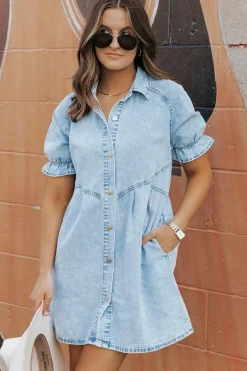 Outlet Dear-Lover Mineral Wash Ruffled Short Sleeve Buttoned Denim Dress Beau Blue