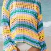 New Dear-Lover Multi Stripe Open Knit Sweater Beach Cover Up Beau Blue