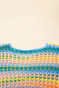 New Dear-Lover Multi Stripe Open Knit Sweater Beach Cover Up Beau Blue