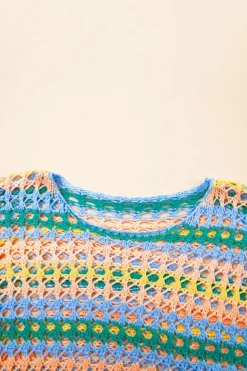 New Dear-Lover Multi Stripe Open Knit Sweater Beach Cover Up Beau Blue