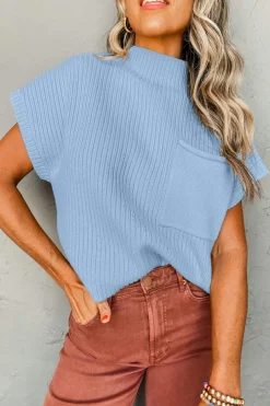Best Dear-Lover Patch Pocket Ribbed Knit Short Sleeve Sweater Beau Blue